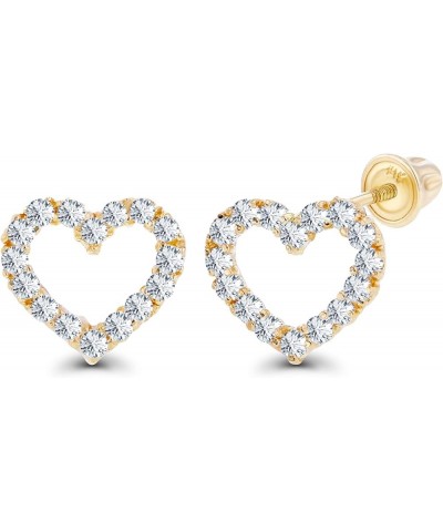 Solid 14K Gold 7mm Open Heart Natural Birthstone Screwback Stud Earrings For Women | 1mm Round Birthstone | 14K Pave Heart Sc...