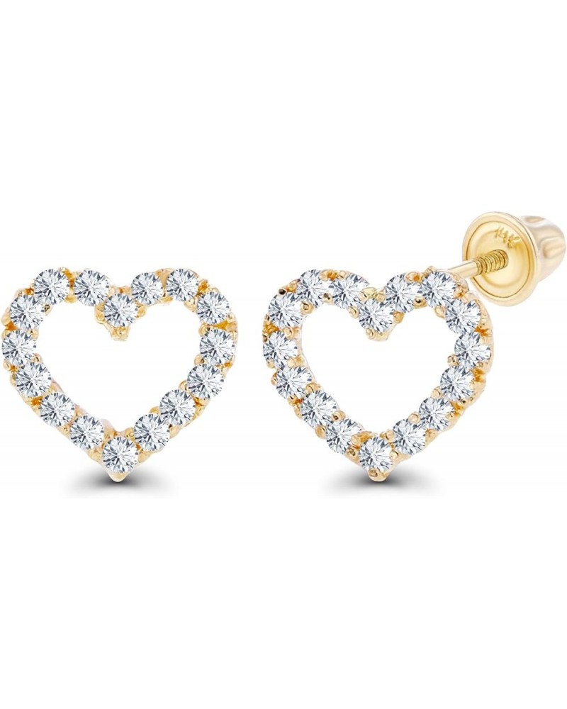 Solid 14K Gold 7mm Open Heart Natural Birthstone Screwback Stud Earrings For Women | 1mm Round Birthstone | 14K Pave Heart Sc...