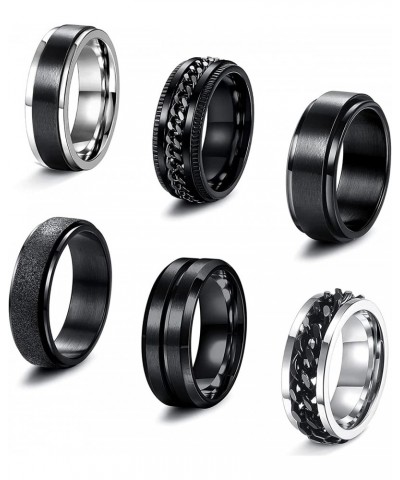 6 Pcs 6/8 MM Black Spinner Rings for Men Women Stainless Steel Fidget Ring Anxiety Stress Relieving Cool Chain Fashion Ring S...