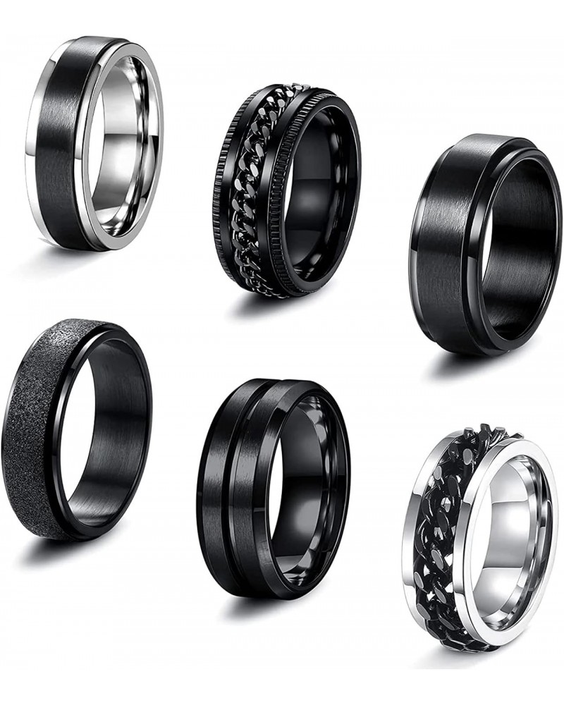 6 Pcs 6/8 MM Black Spinner Rings for Men Women Stainless Steel Fidget Ring Anxiety Stress Relieving Cool Chain Fashion Ring S...