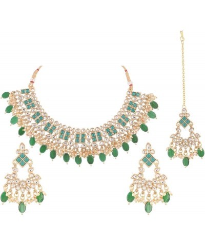 Indian Jewelry Choker Necklace Maang Tikka Earrings Bollywood Wedding Crystal Kundan Necklace Earrings Head Chain Set Green $...