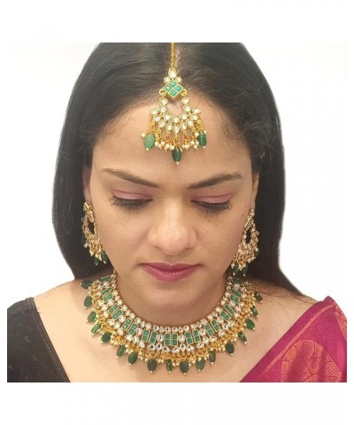 Indian Jewelry Choker Necklace Maang Tikka Earrings Bollywood Wedding Crystal Kundan Necklace Earrings Head Chain Set Green $...