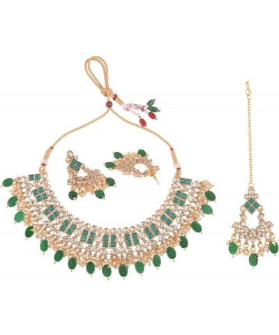 Indian Jewelry Choker Necklace Maang Tikka Earrings Bollywood Wedding Crystal Kundan Necklace Earrings Head Chain Set Green $...