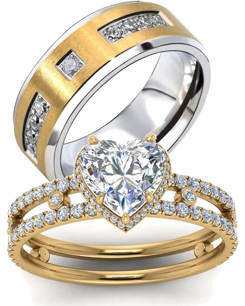 Couple Rings Matching Ring Heart 1.5ct CZ Yellow Gold Plated Women Wedding Ring Sets for Him and Her Rings Gold women size9 &...