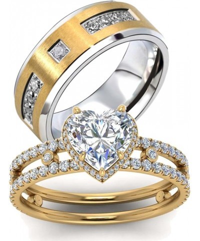 Couple Rings Matching Ring Heart 1.5ct CZ Yellow Gold Plated Women Wedding Ring Sets for Him and Her Rings Gold women size9 &...