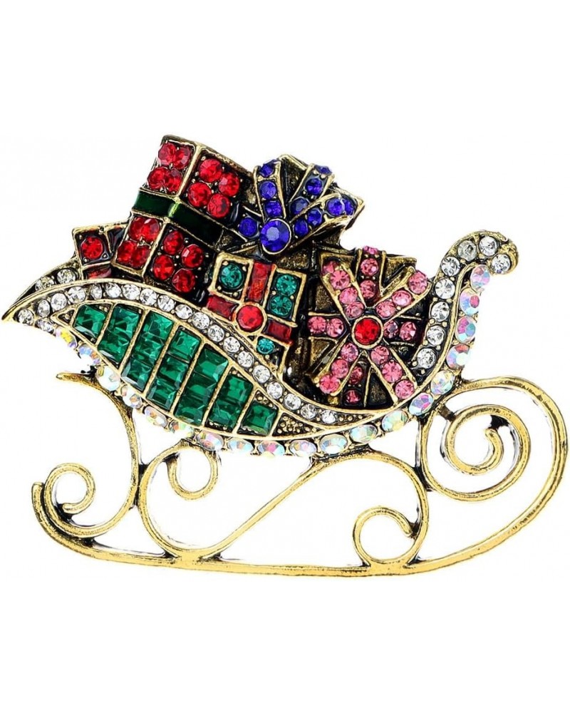 Christmas Sleigh Ride Brooch Pin for Women Girls Men Multi-Colored Rhinestone Sled Presents Pins Clip Lapel Sweater Scarves J...