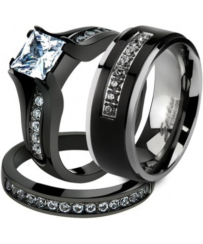 Her and His 3 Piece Black Stainless Steel Engagement Wedding Ring Set and Titanium Band Size Women's 05 Men's 12 $23.29 Sets