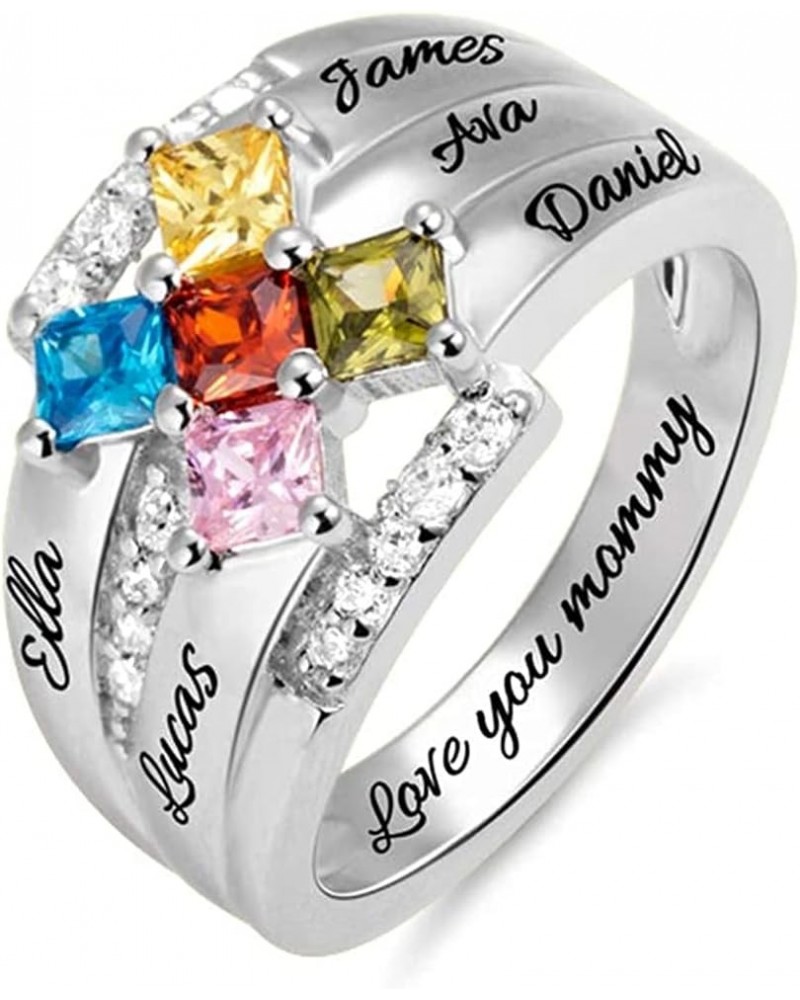 Mothers Ring Sterling Silver with 1 2 3 4 5 6 7 8 9 Birthstones & Names Personalized Women Band Custom Stones Children Names ...