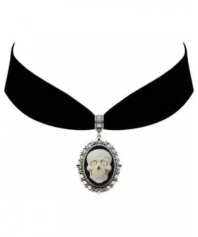 Sugar Skull Black Ivory Cameo Gothic Steampunk Victorian Pendant on Choker $11.93 Necklaces