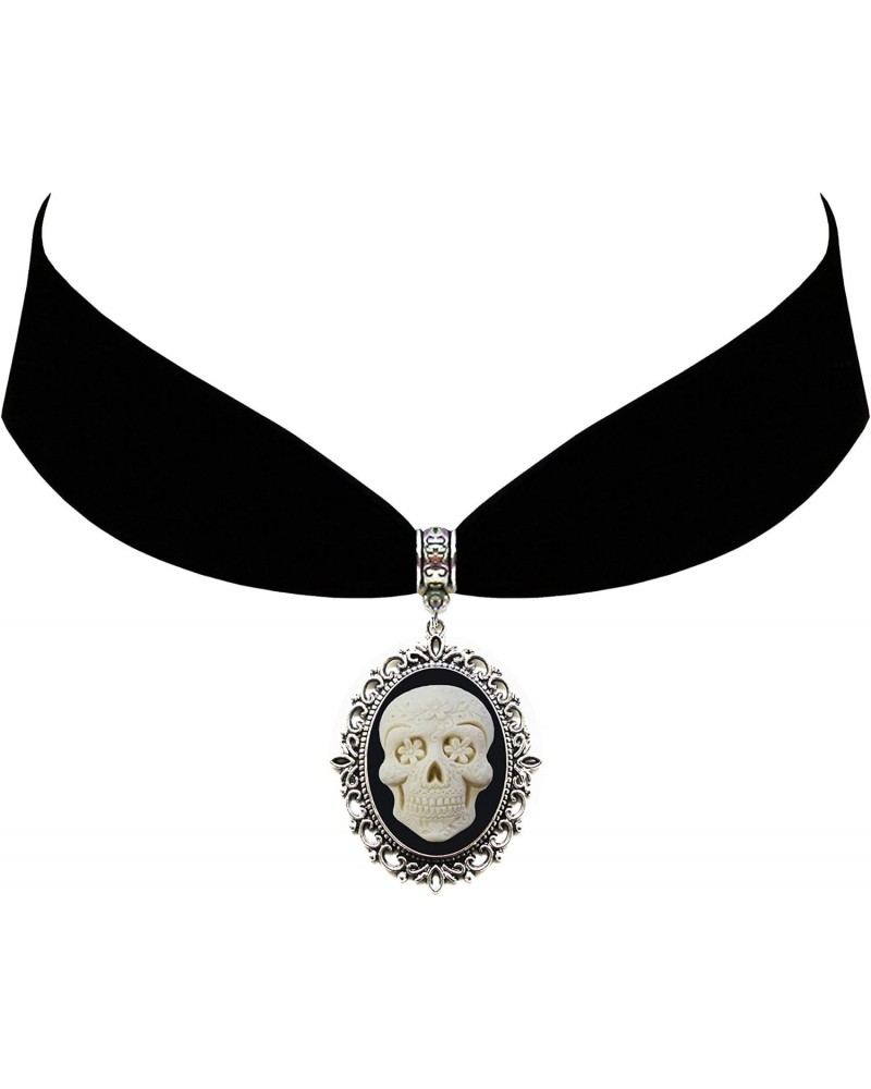 Sugar Skull Black Ivory Cameo Gothic Steampunk Victorian Pendant on Choker $11.93 Necklaces