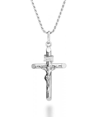 Rhodium Plated 925 Sterling Silver Small or Large Crucifix Necklace for Men Women, Cross Pendant with Rope Chain, Made in Ita...