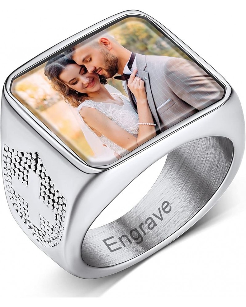 Personalized Rings with Pictures Inside Custom Photo Ring Name Engraving Stainless Steel Signet Ring/Heart Ring Size 7-14 Cus...