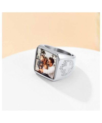 Personalized Rings with Pictures Inside Custom Photo Ring Name Engraving Stainless Steel Signet Ring/Heart Ring Size 7-14 Cus...