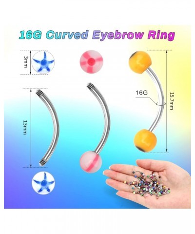 Colorful Acrylic Ball Stainless Steel Curved Bar Eyebrow Rings Tragus Piercing, 50Pcs, 16G (Stainless Steel Bar) $8.99 Body J...