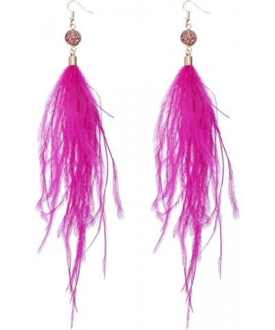 Long Feather Earrings for Women, Bohemian Elegant Delicate Faux Druzy Charms Dangle Earrings Hot Pink $9.17 Earrings