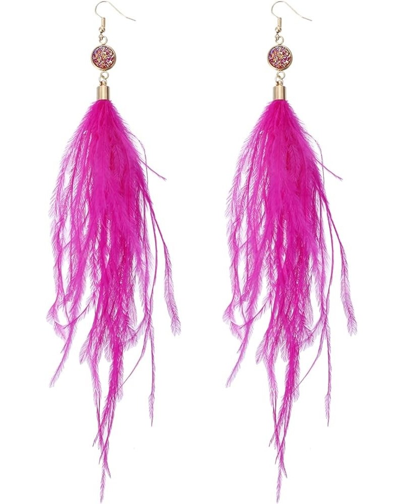 Long Feather Earrings for Women, Bohemian Elegant Delicate Faux Druzy Charms Dangle Earrings Hot Pink $9.17 Earrings