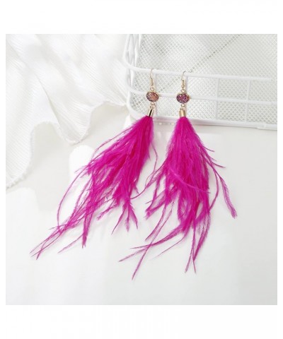 Long Feather Earrings for Women, Bohemian Elegant Delicate Faux Druzy Charms Dangle Earrings Hot Pink $9.17 Earrings