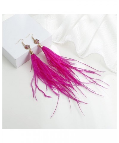 Long Feather Earrings for Women, Bohemian Elegant Delicate Faux Druzy Charms Dangle Earrings Hot Pink $9.17 Earrings