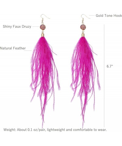 Long Feather Earrings for Women, Bohemian Elegant Delicate Faux Druzy Charms Dangle Earrings Hot Pink $9.17 Earrings