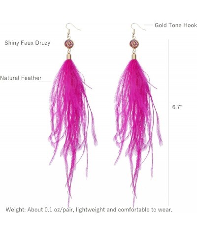 Long Feather Earrings for Women, Bohemian Elegant Delicate Faux Druzy Charms Dangle Earrings Hot Pink $9.17 Earrings