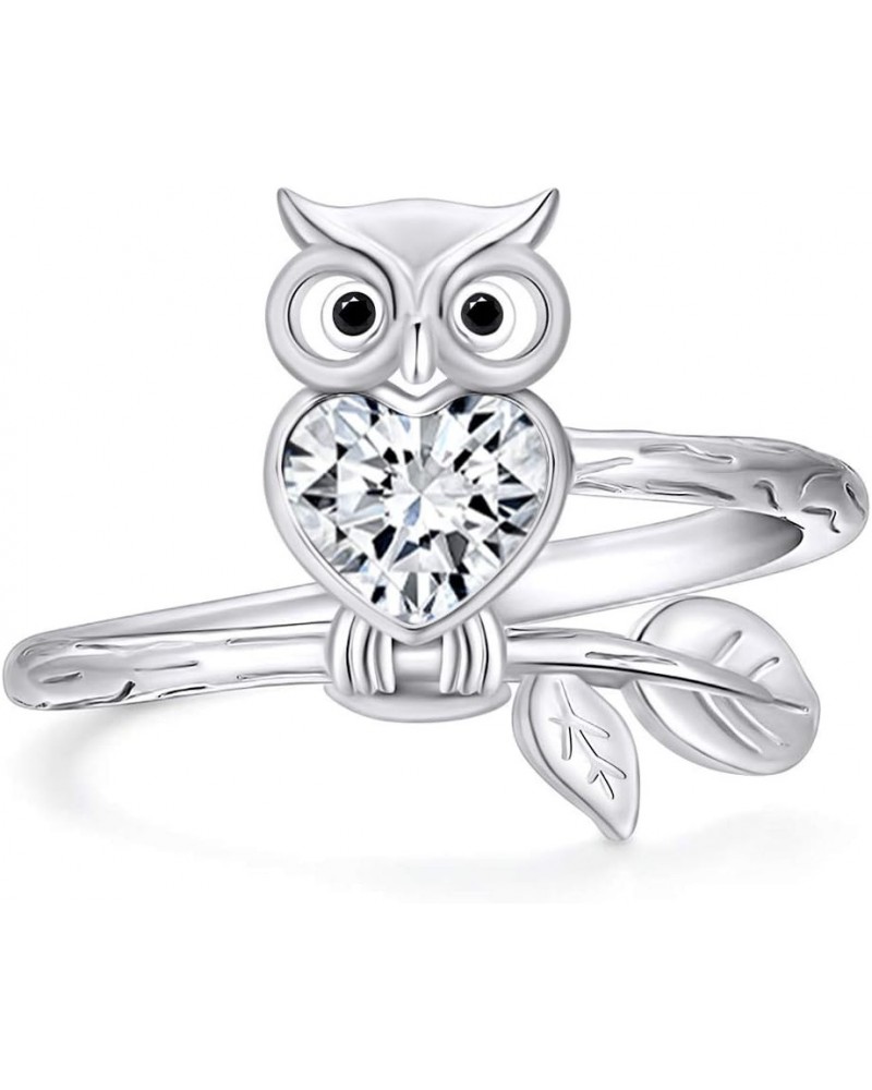 Simulated Birthstone Night Owl Heart Promise Ring for Womens in 14k White Gold Over Sterling Silver Owl Lover Jewelry Cubic Z...