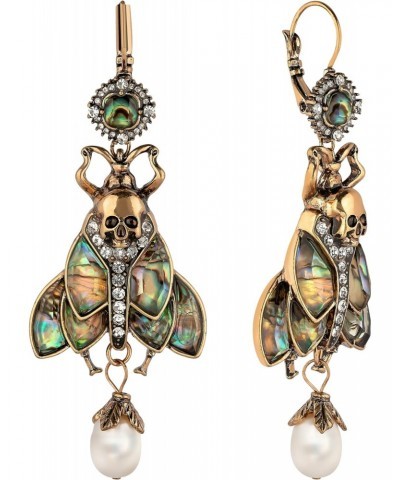 Goth Earrings, Abalone Shell Wings, Sparkly Beetle Bug Drop Earrings with Dangling Freshwater Pearls, Unique Earring Gift, Vi...