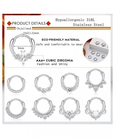 9Pcs Septum Jewelry 16G Daith Earrings Hinged Hoop Nose Rings 316L Stainless Steel Septum Clicker CZ Rings for Women Cartilag...