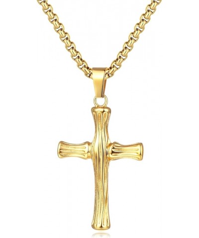 Stainless Steel Bamboo Cross Necklace for Men Women, Gold Silver Black Christian Crucifix Pendant Religious Jewelry Gift 18-3...