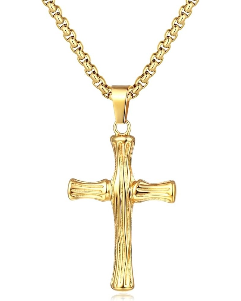 Stainless Steel Bamboo Cross Necklace for Men Women, Gold Silver Black Christian Crucifix Pendant Religious Jewelry Gift 18-3...