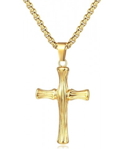 Stainless Steel Bamboo Cross Necklace for Men Women, Gold Silver Black Christian Crucifix Pendant Religious Jewelry Gift 18-3...