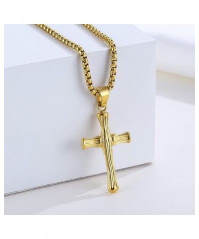 Stainless Steel Bamboo Cross Necklace for Men Women, Gold Silver Black Christian Crucifix Pendant Religious Jewelry Gift 18-3...