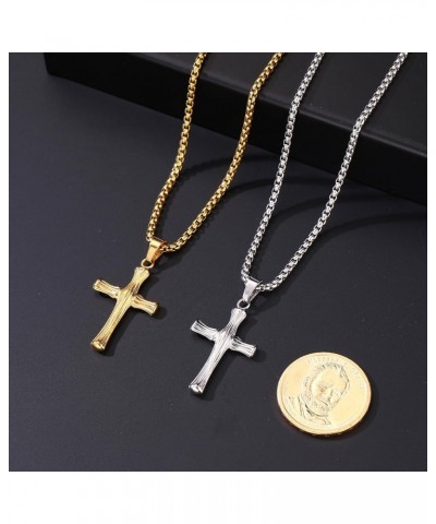 Stainless Steel Bamboo Cross Necklace for Men Women, Gold Silver Black Christian Crucifix Pendant Religious Jewelry Gift 18-3...