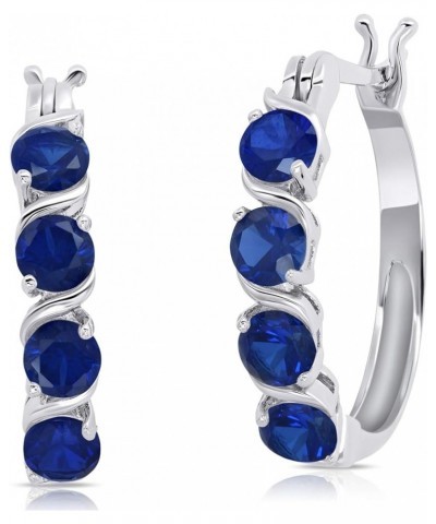 925 Sterling Silver Gemstone Round Hoop Earrings for Women 0.9 inches in Various Birthstones with Click Tops Created Blue Sap...