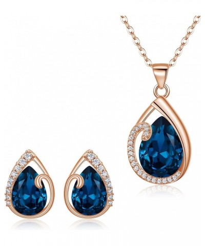 Austrian Crystal Cubic Zirconia Jewelry Sets for Women, Silver-Tone Blue Teardrop Pendant Necklace Stud Earrings Valentine's ...