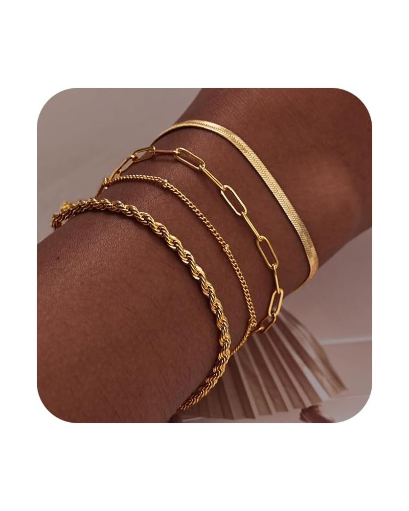 Gold Bracelets for Women, 14K Real Gold Stackable Waterproof Bracelet Jewelry Set for Women Trendy Dainty Cute Beaded Cuban P...