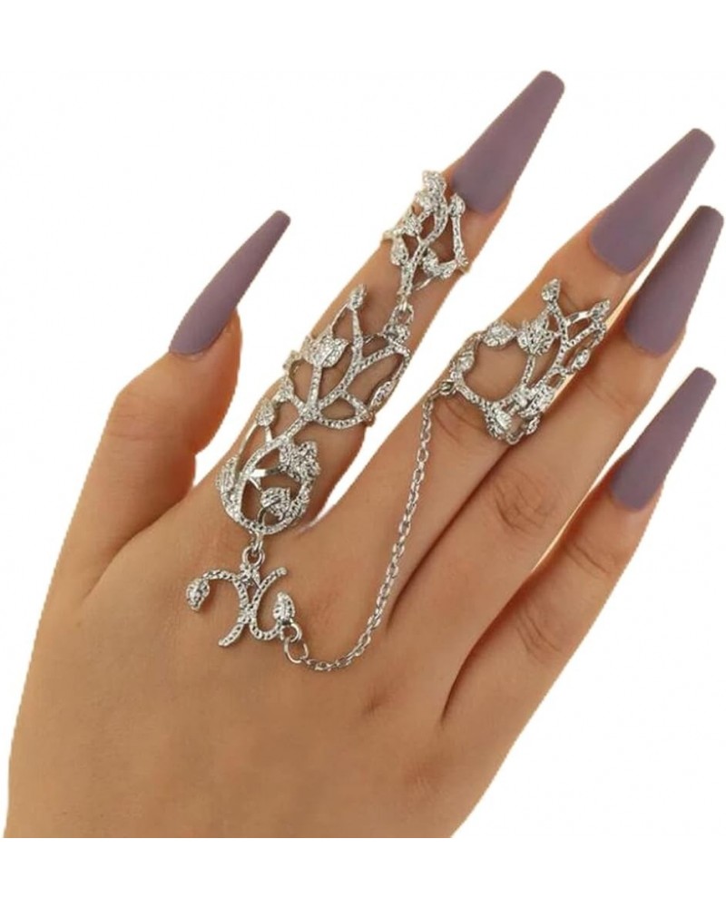 Women Ring, Chain Link Ring Lightweight Fashion Jewelry Full Rhinestone Retro Flower Link Ring for Gift Silver Silver $4.23 R...