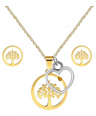 Gold Color Stainless Steel Tree of Life Heart Mustard Seed Pendant Necklace and Studs Earrings Jewelry Set for Girls Women Y6...