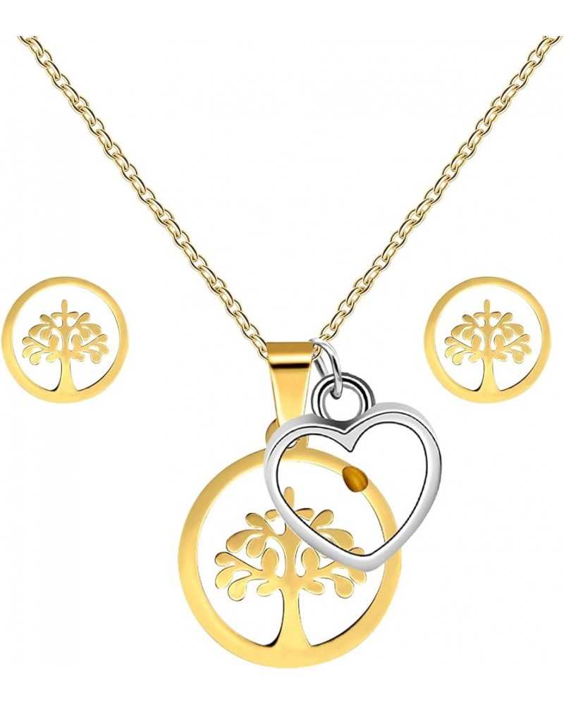 Gold Color Stainless Steel Tree of Life Heart Mustard Seed Pendant Necklace and Studs Earrings Jewelry Set for Girls Women Y6...