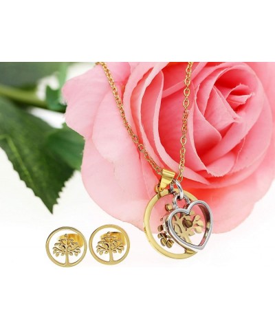 Gold Color Stainless Steel Tree of Life Heart Mustard Seed Pendant Necklace and Studs Earrings Jewelry Set for Girls Women Y6...