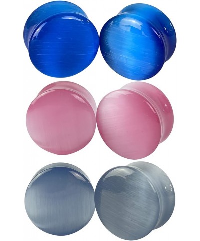 Set of 3 Pairs Cat Eye Stone Convex Double Flare Plugs (Blue, Grey, Pink)(BP-038) 3/4" (19mm) $13.95 Body Jewelry