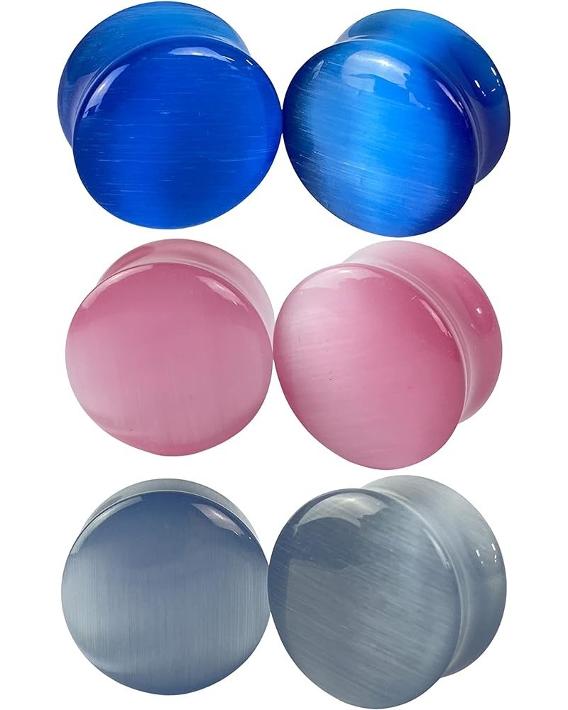 Set of 3 Pairs Cat Eye Stone Convex Double Flare Plugs (Blue, Grey, Pink)(BP-038) 3/4" (19mm) $13.95 Body Jewelry