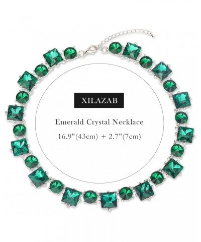 Emerald Green Crystal Rhinestone Statement Bib Choker Necklace for Women Girls Sparkly Dark Green Square Round Gem Stone Coll...