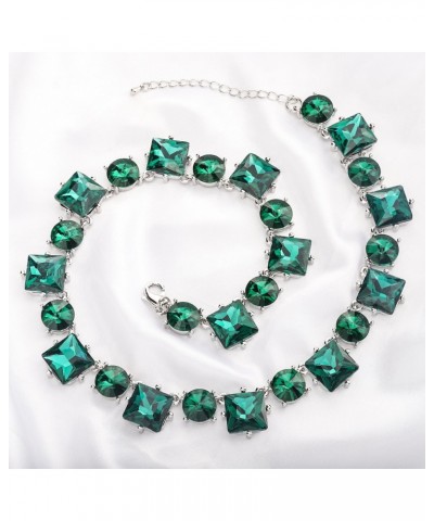 Emerald Green Crystal Rhinestone Statement Bib Choker Necklace for Women Girls Sparkly Dark Green Square Round Gem Stone Coll...