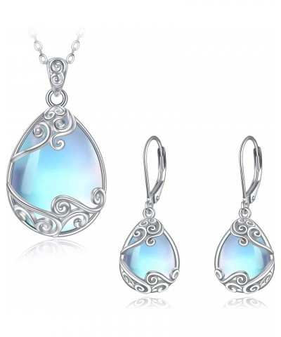 925 Sterling Silver Moonstone Filigree Teardrop Necklace Earrings Set Jewelry for Women Girls $38.33 Jewelry Sets