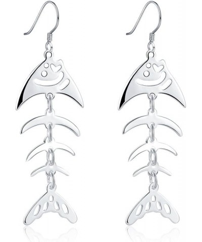 Sterling Silver Plated Earrings Drop Dangle Fish Hook Fish Bones .68" L383 $7.94 Earrings