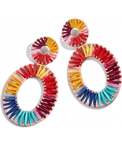 Statement Rattan Raffia Hoop Drop Earrings for Women Geometric Handmade Colorful Rainbow Earring H-Colorful $10.43 Earrings