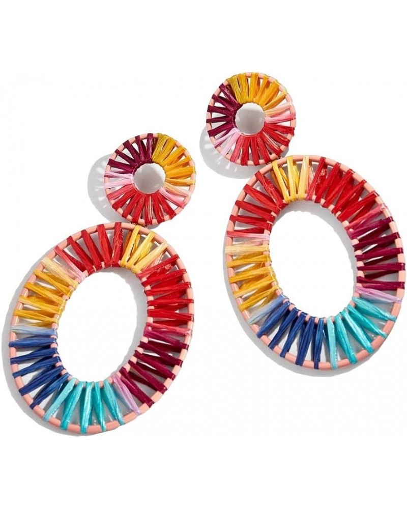 Statement Rattan Raffia Hoop Drop Earrings for Women Geometric Handmade Colorful Rainbow Earring H-Colorful $10.43 Earrings