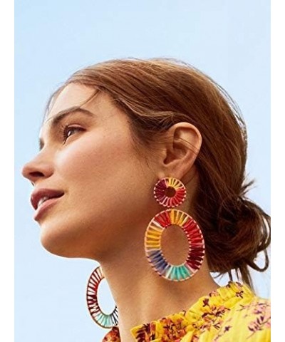 Statement Rattan Raffia Hoop Drop Earrings for Women Geometric Handmade Colorful Rainbow Earring H-Colorful $10.43 Earrings