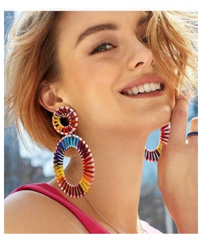 Statement Rattan Raffia Hoop Drop Earrings for Women Geometric Handmade Colorful Rainbow Earring H-Colorful $10.43 Earrings