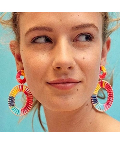 Statement Rattan Raffia Hoop Drop Earrings for Women Geometric Handmade Colorful Rainbow Earring H-Colorful $10.43 Earrings